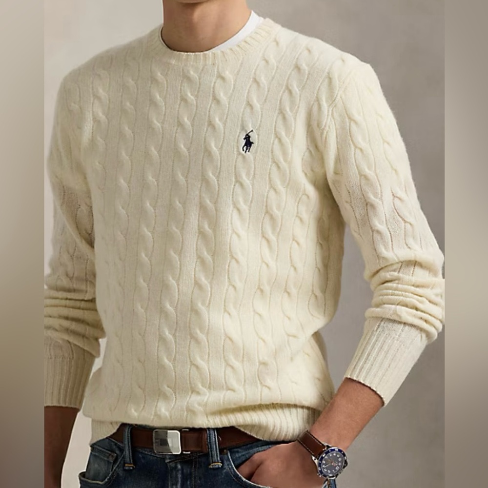 Ralph Lauren Cream Cable-Knit Crew Sweater with Navy Polo Emblem